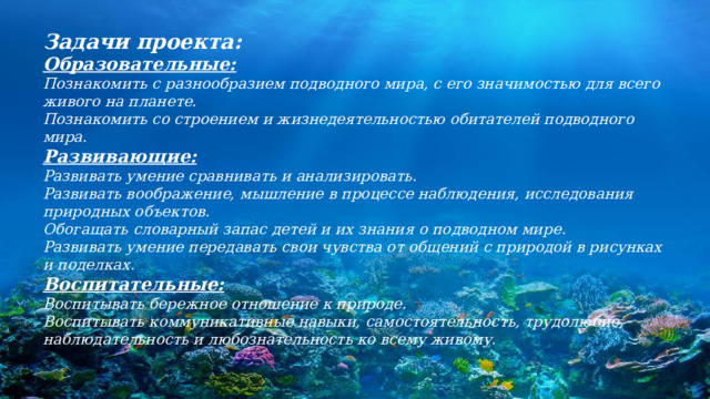 Задачи проекта: Образовательные: Познакомить с разнообразием подводного мира, с его значимостью для всего живого на планете. Познакомить со строением и жизнедеятельностью обитателей подводного мира. Развивающие: Развивать умение сравнивать и анализировать. Развивать воображение, мышление в процессе наблюдения, исследования природных объектов. Обогащать словарный запас детей и их знания о подводном мире. Развивать умение передавать свои чувства от общений с природой в рисунках и поделках. Воспитательные: Воспитывать бережное отношение к природе. Воспитывать коммуникативные навыки, самостоятельность, трудолюбие, наблюдательность и любознательность ко всему живому. 