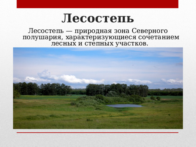 Лесостепь Лесостепь — природная зона Северного полушария, характеризующиеся сочетанием лесных и степных участков. 