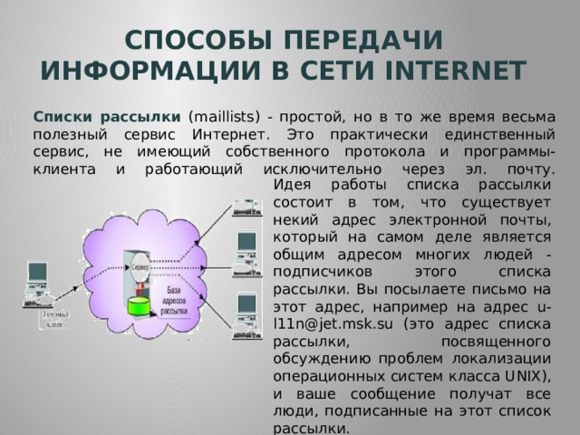 Способы передачи информации в сети internet Списки рассылки (maillists) - простой, но в то же время весьма полезный сервис Интернет. Это практически единственный сервис, не имеющий собственного протокола и программы-клиента и работающий исключительно через эл. почту.   Идея работы списка рассылки состоит в том, что существует некий адрес электронной почты, который на самом деле является общим адресом многих людей - подписчиков этого списка рассылки. Вы посылаете письмо на этот адрес, например на адрес u-l11n@jet.msk.su (это адрес списка рассылки, посвященного обсуждению проблем локализации операционных систем класса UNIX), и ваше сообщение получат все люди, подписанные на этот список рассылки. 