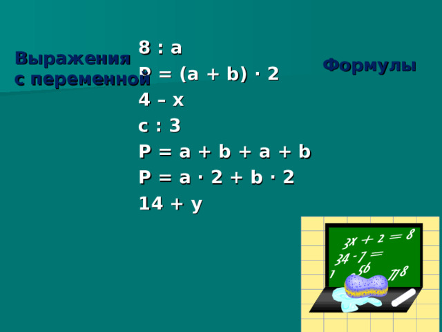 8 : а P = ( а + b) · 2 4 – х c : 3 P = a + b + a + b P = a · 2 + b · 2 1 4  + y Выражения с переменной Формулы  