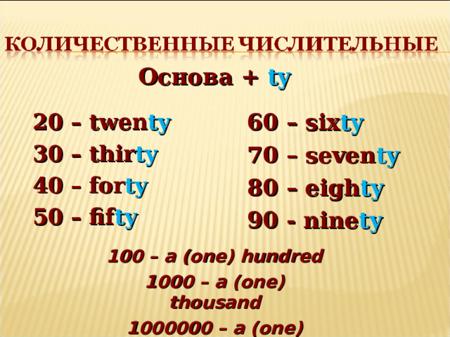 Основа +  ty  20 – twen ty 30 – thir ty 40 – for ty 50 – fif ty 60 – six ty 70 – seven ty 80 – eigh ty 90 - nine ty  100 – a (one) hundred 1000 – a (one) thousand 1000000 – a (one) million  