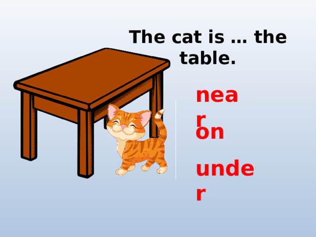 The cat is … the table. near on under 