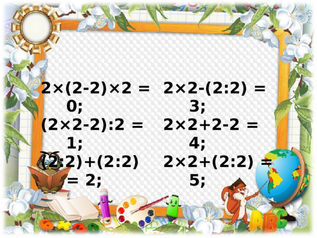 2×(2-2)×2 = 0; (2×2-2):2 = 1; 2×2-(2:2) = 3; 2×2+2-2 = 4; (2:2)+(2:2) = 2; 2×2+(2:2) = 5;  