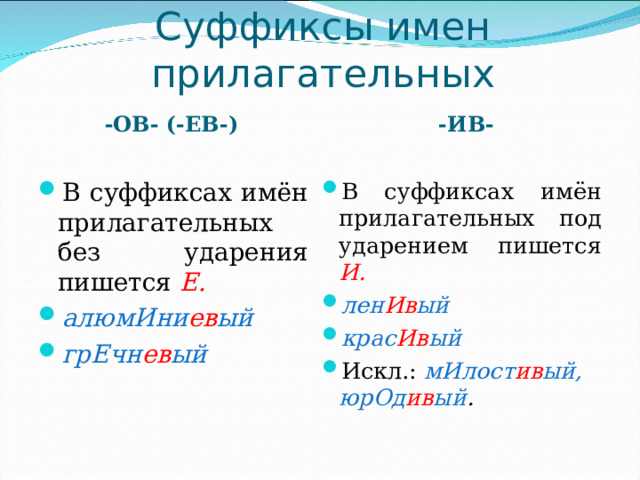 Суффиксы имен прилагательных -ИВ- -ОВ- (-ЕВ-) В суффиксах имён прилагательных без ударения пишется Е. алюмИни ев ый грЕчн ев ый В суффиксах имён прилагательных под ударением пишется И. лен Ив ый  крас Ив ый Искл.: мИлост ив ый,  юрОд ив ый .   