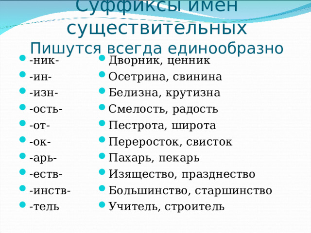     Суффиксы имен существительных  Пишутся всегда единообразно    -ник- -ин- -изн- -ость- -от- -ок- -арь- -еств- -инств- -тель Дворник, ценник Осетрина, свинина Белизна, крутизна Смелость, радость Пестрота, широта Переросток, свисток Пахарь, пекарь Изящество, празднество Большинство, старшинство Учитель, строитель 