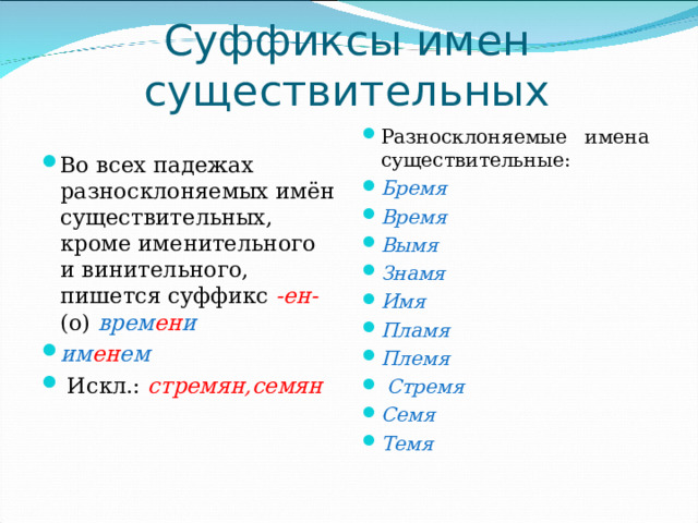 Суффиксы имен существительных Разносклоняемые имена существительные: Бремя Время Вымя Знамя Имя Пламя Племя  Стремя Семя Темя Во всех падежах разносклоняемых имён существительных,  кроме именительного и винительного, пишется суффикс -ен-  (о) врем ен и им ен ем  Искл.: стремян,семян   