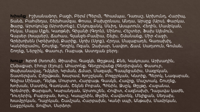 Խիանք ․ Իշխանաձոր, Բացի, Բերմ (Պերմ), Պհամպա, Դառաշ, Արխունդ, Հարիպ, Տանձ, Բահմեդա, Շեխհամզա, Փոսա, Բախըռնաս, Անդա, Արսըք (Արս), Փարկա, Ֆարք, Արտկունք (Արտխոնք), Ընկուզանկ, Սևիդ, Ասպտուն, Հեղին, Մամրկան, Ինկա, Մալա Մլքե, Կառթնի, Գիլանի (Գղոն), Մինոս, Հեշտեր, Ֆախ Սլեմուն, Գայսեր (Խայսեր), Ճահաս, Գյանջե-Բամիա, Շեյխ, Շմանանք, Միր Հաջի, Գրեխոխեն (Կրեխոխ), Քարիք, Սլոխ (Սլոք), Հրդա, Մալաբադե, Գառախիլ, Կանիեբամու, Շուղեք, Դոդիկ, Ռզան, Զախար, Նավռո, Ճամ, Սաղտուն, Գոման, Շողեք, Ներջիկ, Փասուր, Ռաբաթ, Աստղյան բերդ։ Խուլբ ․ Խրոճ (Խռուճ), Թիասիս, Գազկե, Թըլթավ, Քնե, Կակուաս, Արխադին, Ընձաքար, Էհուբ (Էյուբ), Ահարոնք, Գեղըրվանք (Գեղերվան), Փասուր, Թախանավալ, Դմլկեր, Կրման, Ճմար, Մազալե, Պապեջանիս, Սազրկան, Տատերվան, Ըժըվթան, Խարամ, Խոշըկան, Բոզըրկան, Կնտիք, Պերոկ, Նագարան, Գելիա Մինար, Դելեթ, Մոսրտո, Հարբաթ, Գասկե, Հավրք, Մաշտակ, Շուղեք, Խոխան, Մատիկ, Գառկան, Շեյնե Բոբան, Պհնին, Ջսըկ, Թըլթը, Հաջանա, Գրեմորի, Փարգահ, Կարանդան, Արտուշեն, Հովիտ, Հազնախի, Դալավա կաժե, Դուդերիկ, Բաբրջան, Խուշ, Կապընին, Թլմին, Հավետեկ, Մելիքան, Սեդախ, Խամըրկան, Դայրկան, Շամշան, Հարբախն, Կանի սպի, Անթախ, Մամրկան, Լաջըրկան, Տովիտ, Մսրձոր։ 