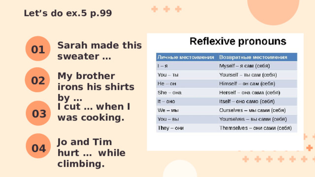 Let’s do ex.5 p.99   Sarah made this sweater … 01 My brother irons his shirts by … 02 I cut … when I was cooking. 03 Jo and Tim hurt … while climbing. 04 