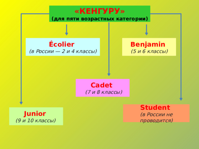 «КЕНГУРУ» (для пяти возрастных категории) Écolier Benjamin (в России — 2 и 4 классы) (5 и 6 классы) Cadet   (7 и 8 классы) Student (в России не проводится) Junior (9 и 10 классы) 