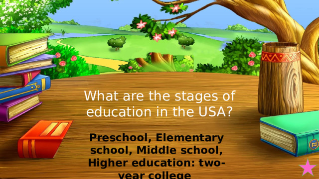 What are the stages of education in the USA? Preschool, Elementary school, Middle school, Higher education: two-year college 