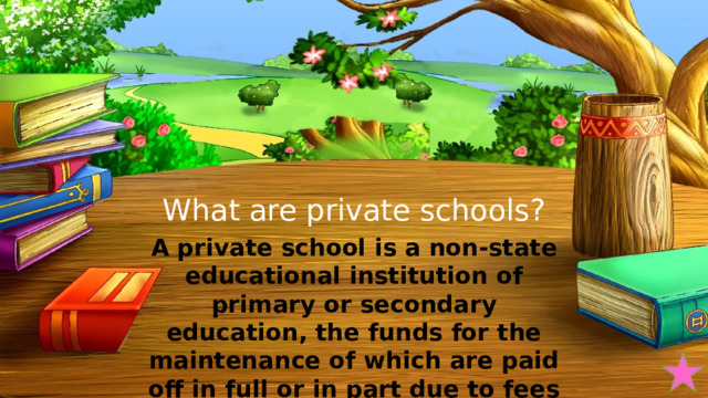 What are private schools? A private school is a non-state educational institution of primary or secondary education, the funds for the maintenance of which are paid off in full or in part due to fees charged from students 