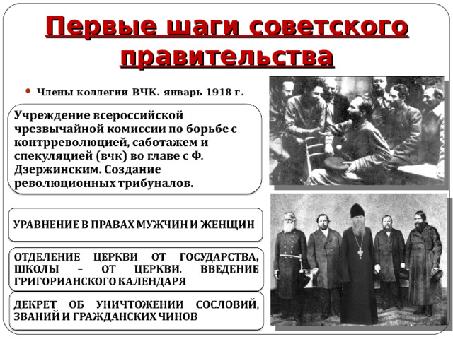 Первые шаги советского правительства Члены коллегии ВЧК. январь 1918 г. 