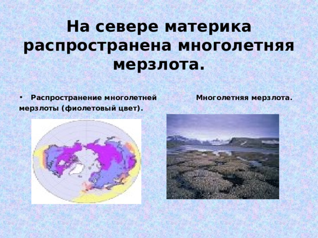 На севере материка распространена многолетняя мерзлота. Распространение многолетней Многолетняя мерзлота. мерзлоты (фиолетовый цвет). 