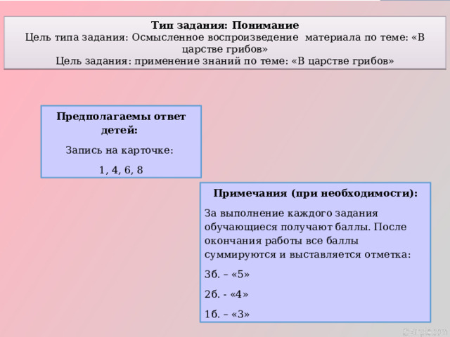 Тип задания: Понимание Цель типа задания: Осмысленное воспроизведение материала по теме: «В царстве грибов» Цель задания: применение знаний по теме: «В царстве грибов» Предполагаемы ответ детей: Запись на карточке: 1, 4, 6, 8 Примечания (при необходимости): За выполнение каждого задания обучающиеся получают баллы. После окончания работы все баллы суммируются и выставляется отметка: 3б. – «5» 2б. - «4» 1б. – «3»  