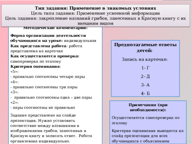 Тип задания: Применение в знакомых условиях Цель типа задания: Применение усвоенной информации Цель задания: закрепление названий грибов, занесенных в Красную книгу с их внешним видом Методические комментарии: Форма организации деятельности обучающихся на уроке: индивидуальная  Как представлена работа : работа представлена на карточке  Как осуществляется проверка: самопроверка по эталону  Критерии оценивания :  «5»:  - правильно соотнесены четыре пары  «4»:  - правильно соотнесены три пары  «3»:  - правильно соотнесены одна – две пары  «2»:  - пары соотнесены не правильно Задание представлено на слайде презентации. Нужно установить соответствие между названиями и изображениями грибов, занесенных в Красную книгу и записать ответ. Работа организована индивидуально. Осуществляется самопроверка по эталону Предполагаемые ответы детей: Запись на карточке: 1- Г 2- Д 3- А 4- Б Примечания (при необходимости): Осуществляется самопроверка по эталону Критерии оценивания выводятся на слайд презентации для всех обучающихся с объяснением  