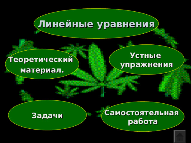 Линейные уравнения Устные упражнения Теоретический материал.  Задачи Самостоятельная работа 