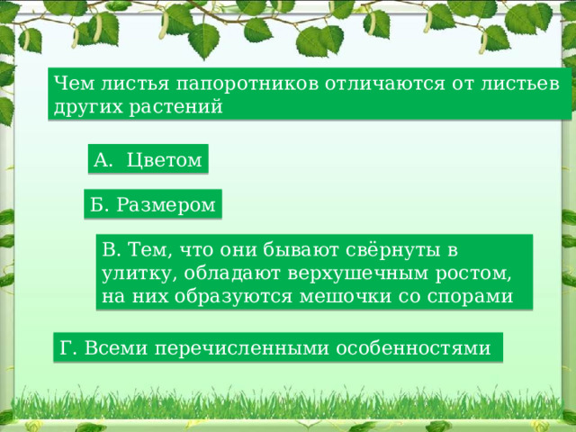 Чем листья папоротников отличаются от листьев других растений А. Цветом Б. Размером В. Тем, что они бывают свёрнуты в улитку, обладают верхушечным ростом, на них образуются мешочки со спорами Г. Всеми перечисленными особенностями 