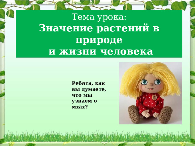 Тема урока: Значение растений в природе  и жизни человека Ребята, как вы думаете, что мы узнаем о мхах? 