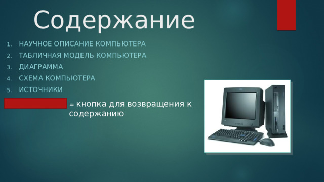 Содержание НАУЧНОЕ ОПИСАНИЕ КОМПЬЮТЕРА ТАБЛИЧНАЯ МОДЕЛЬ КОМПЬЮТЕРА ДИАГРАММА Схема компьютера Источники = кнопка для возвращения к содержанию 