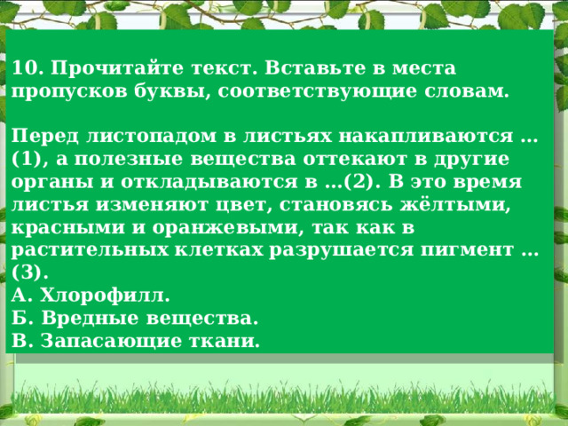  10. Прочитайте текст. Вставьте в места пропусков буквы, соответствующие словам.  Перед листопадом в листьях накапливаются …(1), а полезные вещества оттекают в другие органы и откладываются в …(2). В это время листья изменяют цвет, становясь жёлтыми, красными и оранжевыми, так как в растительных клетках разрушается пигмент …(3). А. Хлорофилл.  Б. Вредные вещества.  В. Запасающие ткани. 