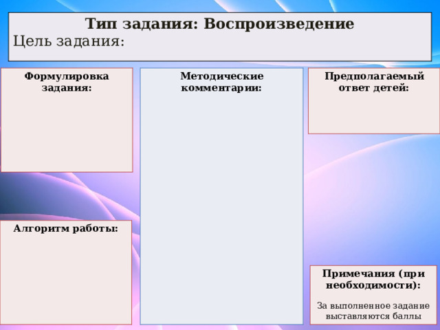 Тип задания: Воспроизведение Цель задания: Предполагаемый ответ детей: Методические комментарии: Формулировка задания:          Алгоритм работы:       Примечания (при необходимости):  За выполненное задание выставляются баллы 