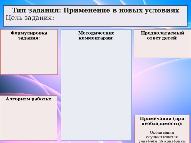 Тип задания: Применение в новых условиях Цель задания: Предполагаемый ответ детей: Методические комментарии: Формулировка задания:          Алгоритм работы:       Примечания (при необходимости):  Оценивания осуществляется учителем по критериям 