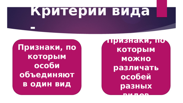Критерии вида - Признаки, по которым особи объединяют в один вид   Признаки, по которым можно различать особей разных видов 