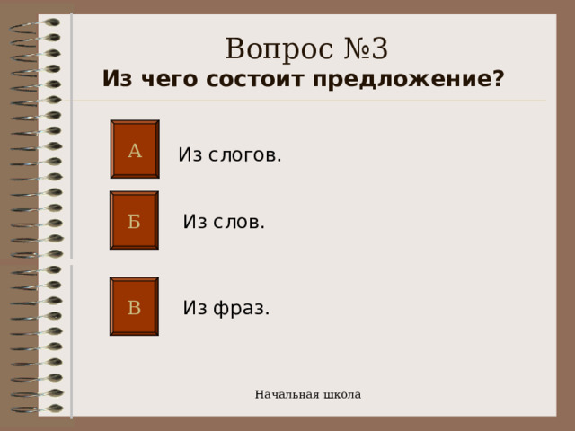 Вопрос №3  Из чего состоит предложение?  А Из слогов. Б Из слов .  В Из фраз.  Начальная школа 