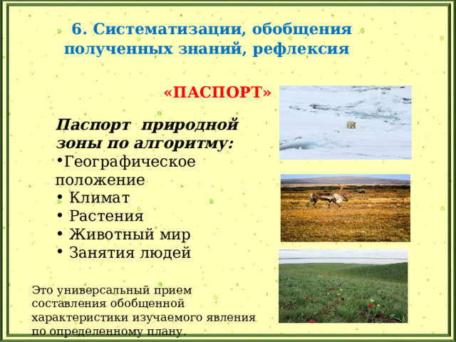 6. Систематизации, обобщения полученных знаний, рефлексия    «ПАСПОРТ» Паспорт природной зоны по алгоритму: Географическое положение  Климат  Растения  Животный мир  Занятия людей Это универсальный прием составления обобщенной характеристики изучаемого явления по определенному плану. 