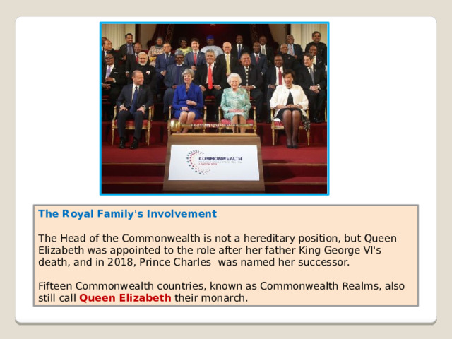 The Royal Family's Involvement  The Head of the Commonwealth is not a hereditary position, but Queen Elizabeth was appointed to the role after her father King George VI's death, and in 2018, Prince Charles was named her successor. Fifteen Commonwealth countries, known as Commonwealth Realms, also still call Queen Elizabeth their monarch. 