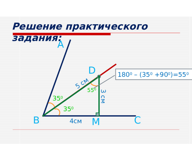 5 см 3 см Решение практического задания: А D 180 0 – (35 0 +90 0 )=55 0 55 0 35 0 35 0 С В М 4см 