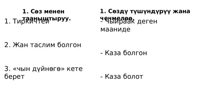 1. Сөздү түшүндүрүү жана чечмелөө. 1. Сөз менен тааныштыруу. 1. Тиркичтей 2. Жан таслим болгон 3. «чын дүйнөгө» кете берет - Чыйраак деген мааниде - Каза болгон - Каза болот 