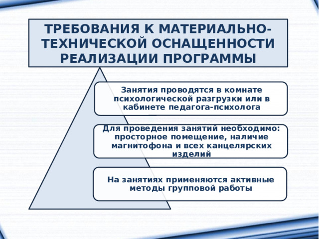 ТРЕБОВАНИЯ К МАТЕРИАЛЬНО-ТЕХНИЧЕСКОЙ ОСНАЩЕННОСТИ РЕАЛИЗАЦИИ ПРОГРАММЫ Занятия проводятся в комнате психологической разгрузки или в кабинете педагога-психолога Для проведения занятий необходимо: просторное помещение, наличие магнитофона и всех канцелярских изделий На занятиях применяются активные методы групповой работы 