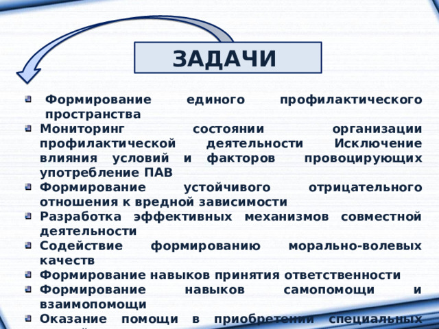 ЗАДАЧИ Формирование единого профилактического пространства Мониторинг состоянии организации профилактической деятельности Исключение влияния условий и факторов провоцирующих употребление ПАВ Формирование устойчивого отрицательного отношения к вредной зависимости Разработка эффективных механизмов совместной деятельности Содействие формированию морально-волевых качеств Формирование навыков принятия ответственности Формирование навыков самопомощи и взаимопомощи Оказание помощи в приобретении специальных знаний и навыков Информирование о рискованном поведении и сопряженных с ним проблемах 