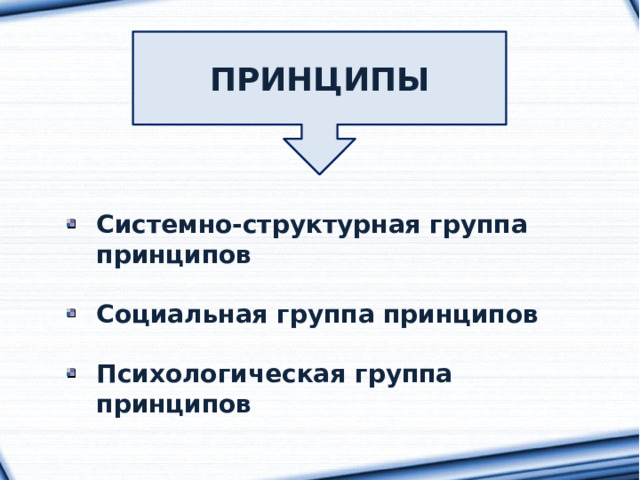 ПРИНЦИПЫ Системно-структурная группа принципов  Социальная группа принципов  Психологическая группа принципов 