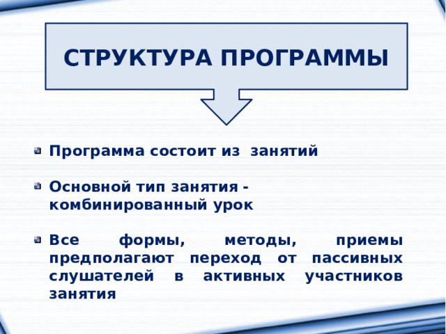 СТРУКТУРА ПРОГРАММЫ Программа состоит из занятий  Основной тип занятия - комбинированный урок  Все формы, методы, приемы предполагают переход от пассивных слушателей в активных участников занятия  