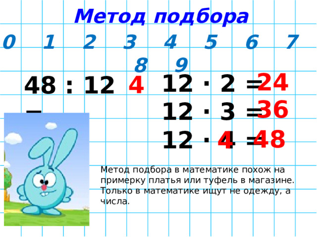 Метод подбора 0 1  2 3 4 5 6 7 8 9 12 ∙ 2 = 12 ∙ 3 = 12 ∙ 4 = 24 4 48 : 12 = 36 48 4 Метод подбора в математике похож на примерку платья или туфель в магазине. Только в математике ищут не одежду, а числа. 