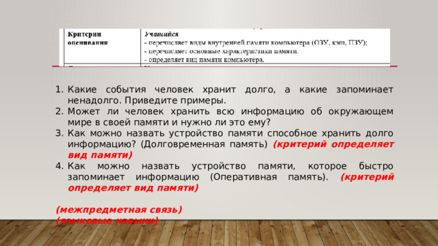 Какие события человек хранит долго, а какие запоминает ненадолго. Приведите примеры. Может ли человек хранить всю информацию об окружающем мире в своей памяти и нужно ли это ему? Как можно назвать устройство памяти способное хранить долго информацию? (Долговременная память) (критерий определяет вид памяти) Как можно назвать устройство памяти, которое быстро запоминает информацию (Оперативная память). (критерий определяет вид памяти)  (межпредметная связь) (языковые навыки) 
