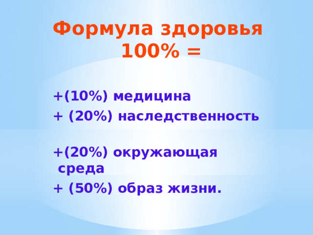 Формула здоровья  100% = +(10%) медицина + (20%) наследственность +(20%) окружающая среда + (50%) образ жизни. 