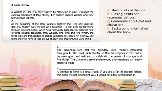 a) Main points of the plot b) Closing points and recommendations c) Comments about plot and characters d) Background information about the book 