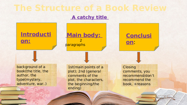 The Structure of a Book Review   A catchy title Introduction:  Main body:  2 paragraphs Conclusion : background of a book(the title, the author, the type(mystery, adventure, war..) 1st(main points of a plot); 2nd (general comments of the plot, the characters, the beginning/the ending) Closing comments, you recommend/don’t recommend the book, +reasons 