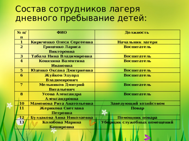 План работы начальника лагеря