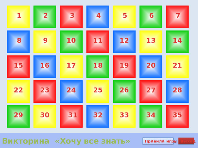 7 2 1 4 5 6 3 11 13 14 12 10 9 8 21 19 20 18 16 17 15 22 24 25 26 27 28 23 30 29 35 34 33 31 32 Викторина «Хочу все знать» Правила игры Выход 