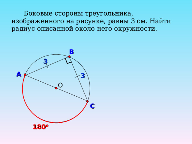  Боковые стороны треугольника, изображенного на рисунке, равны 3 см. Найти радиус описанной около него окружности. В 3 А 3 О Тесты. Геометрия 9 класс. Варианты и ответы централизованного (итогового) тестирования – М.: Центр тестирования МО РФ, 2003. С 180 0 40 