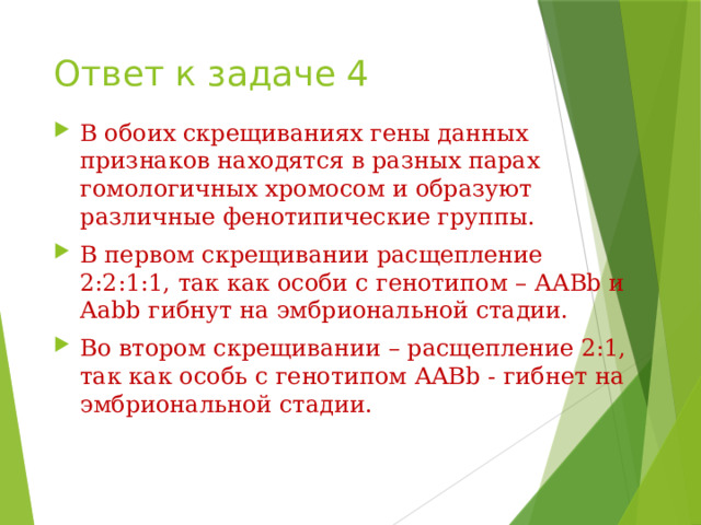 Ответ к задаче 4 В обоих скрещиваниях гены данных признаков находятся в разных парах гомологичных хромосом и образуют различные фенотипические группы. В первом скрещивании расщепление 2:2:1:1, так как особи с генотипом – ААBb и Aabb гибнут на эмбриональной стадии. Во втором скрещивании – расщепление 2:1, так как особь с генотипом AABb - гибнет на эмбриональной стадии. 