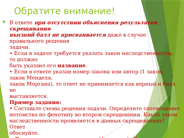 Обратите внимание!   В ответе при отсутствии объяснения результатов скрещивания  высший балл не присваивается даже в случае правильного решения  задачи.  • Если в задаче требуется указать закон наследственности, то должно  быть указано его название .  • Если в ответе указан номер закона или автор (1 закон, закон Менделя,  закон Моргана), то ответ не принимается как верный и балл не  выставляется.  Пример задания:  • Составьте схемы решения задачи. Определите соотношение  потомства по фенотипу во втором скрещивании. Какой закон  наследственности проявляется в данных скрещиваниях? Ответ  обоснуйте.  • В эталоне элементы ответа (фрагмент): 3) соотношение по  фенотипу 9:3:3:1. Закон независимого наследования признаков, так  как гены двух признаков не сцеплены и находятся в разных парах  хромосом.   