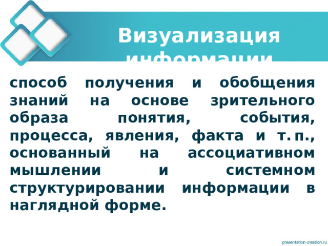 Визуализация информации способ получения и обобщения знаний на основе зрительного образа понятия, события, процесса, явления, факта и т. п., основанный на ассоциативном мышлении и системном структурировании информации в наглядной форме. 