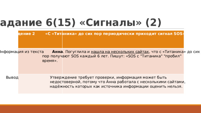 З а д а ние  6 ( 15 ) « С и г н а л ы»  ( 2 )  У тверж д ение 2  «С « Т итани к а» д о сих пор  пери о дически при х о дит  сигнал  SOS».  Информация из т е к ста  Анна .  Погу г лила и нашла на нес к о льких сайтах , ч т о с « Т итани к а» до  сих пор п о луча ю т SOS к аждый  6 ле т . Пишут: «SOS с 