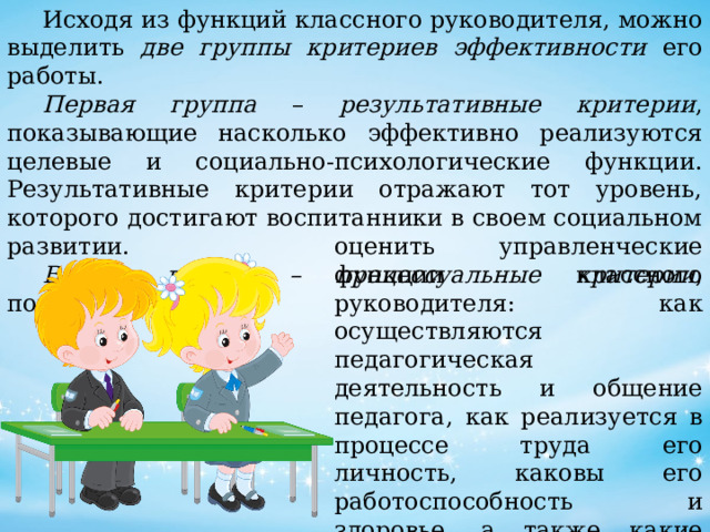  Исходя из функций классного руководителя, можно выделить две группы критериев эффективности его работы.  Первая группа – результативные критерии , показывающие насколько эффективно реализуются целевые и социально-психологические функции. Результативные критерии отражают тот уровень, которого достигают воспитанники в своем социальном развитии.  Вторая группа – процессуальные критерии , позволяющие оценить управленческие функции классного руководителя: как осуществляются педагогическая деятельность и общение педагога, как реализуется в процессе труда его личность, каковы его работоспособность и здоровье, а также какие процессы деятельности и общения учащихся он организует. 