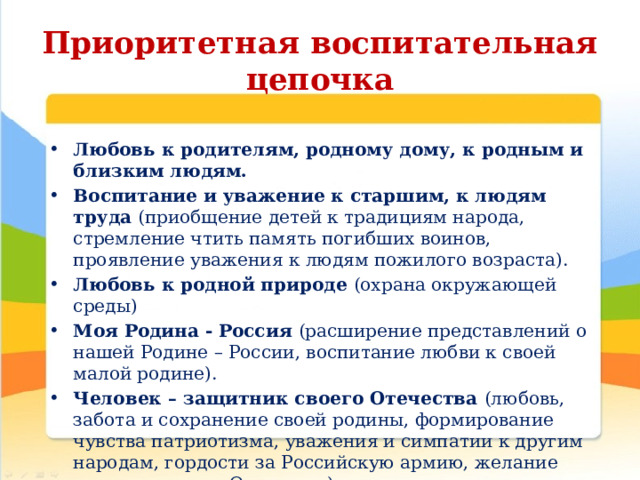 Приоритетная воспитательная цепочка Любовь к родителям, родному дому, к родным и близким людям.   Воспитание и уважение к старшим, к людям труда  (приобщение детей к традициям народа, стремление чтить память погибших воинов, проявление уважения к людям пожилого возраста). Любовь к родной природе  (охрана окружающей среды) Моя Родина - Россия  (расширение представлений о нашей Родине – России, воспитание любви к своей малой родине).  Человек – защитник своего Отечества  (любовь, забота и сохранение своей родины, формирование чувства патриотизма, уважения и симпатии к другим народам, гордости за Российскую армию, желание служить своему Отечеству). 